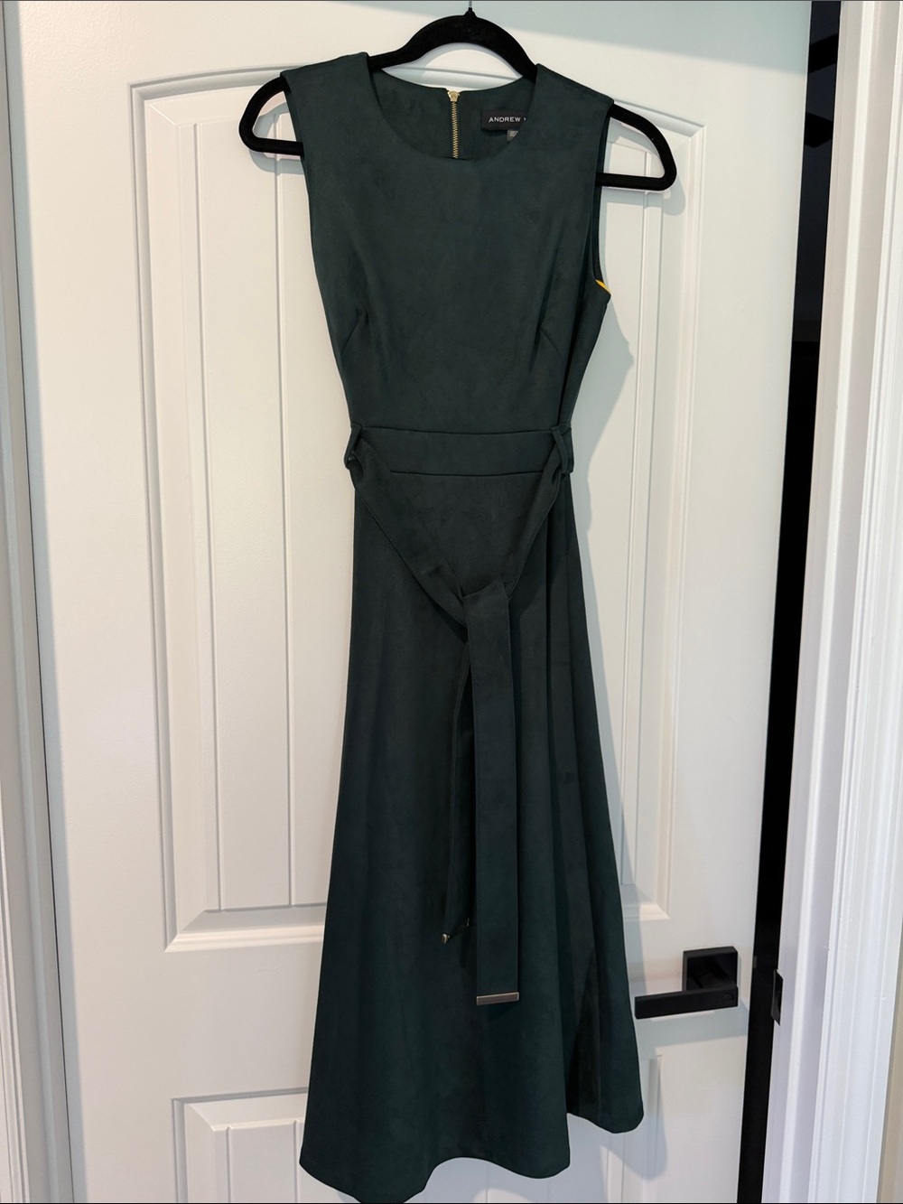 Andrew Marc Dark Green Sleeveless Midi Dress with Tie Waist